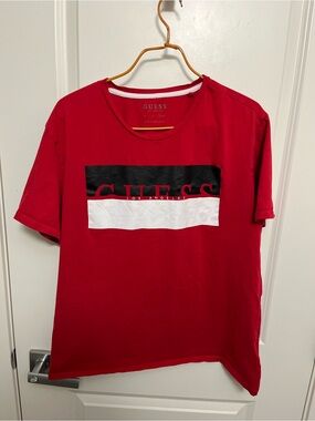 GUESS Men's Red Crewneck Tee with Black & White Logo Panels in size XL